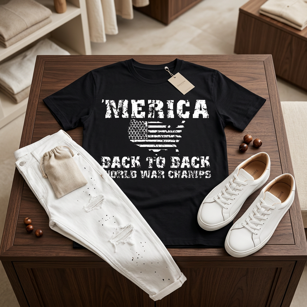 'Merica Back to Back World War Champs T-Shirt | Patriotic USA Graphic Tee | Funny Americana Shirt