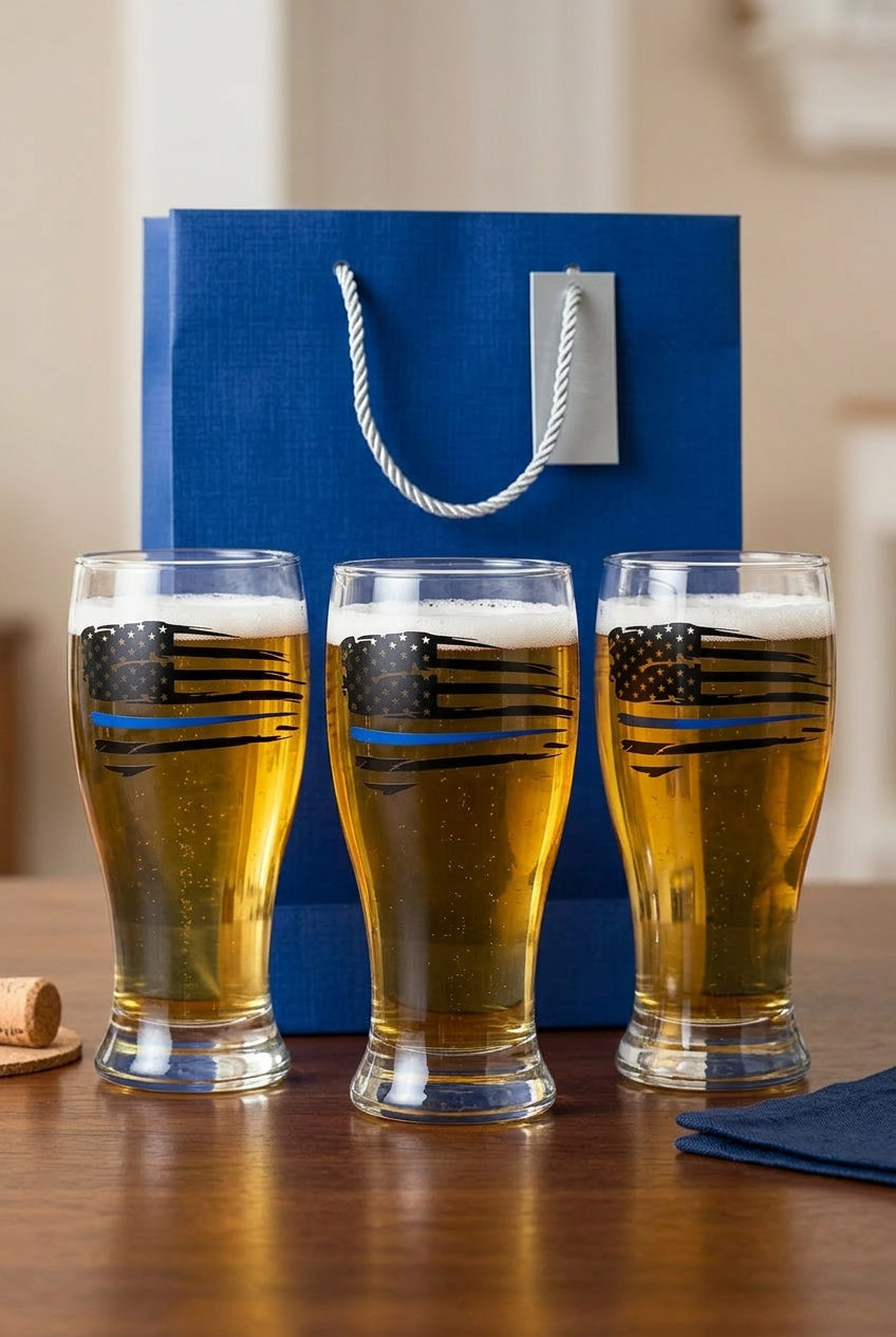 Thin Blue Line American Flag Beer Glass | Police Support Pint Glass | Law Enforcement Gift
