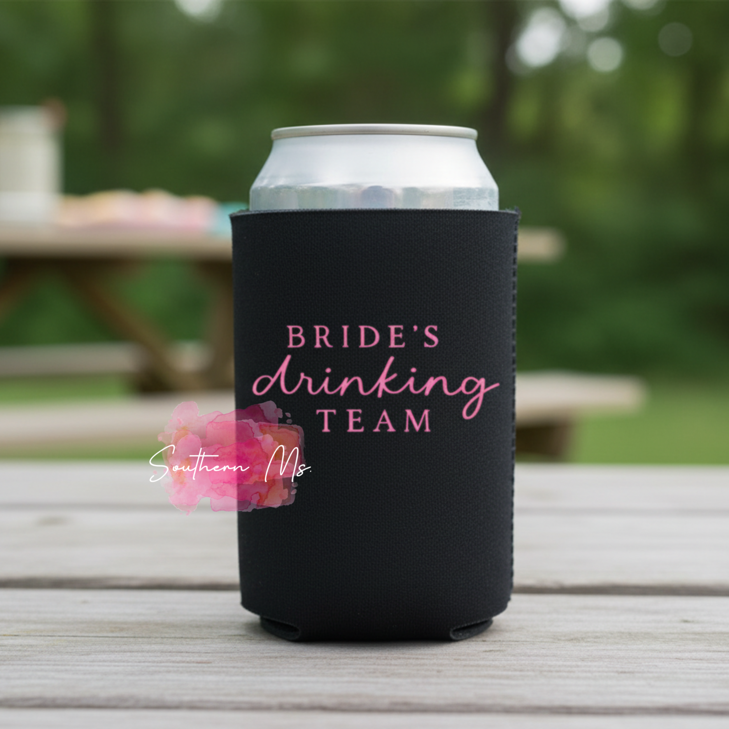 "Bride's Drinking Team" Can Cooler – Black & Pink Bachelorette Party Coozie