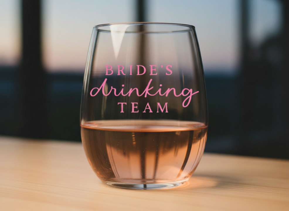 "Bride's Drinking Team" Stemless Wine Glass - Bachelorette Party Drinkware - Bridal Shower Wine Glass