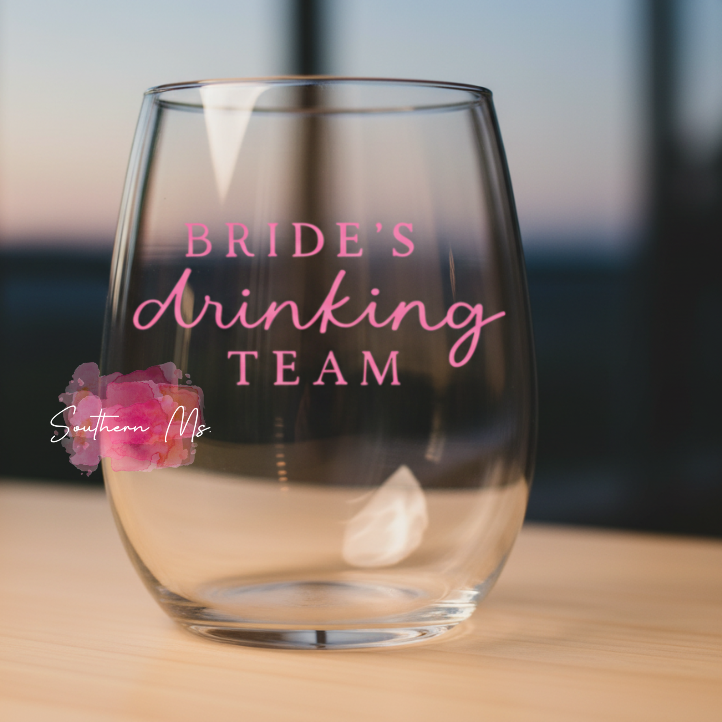 "Bride's Drinking Team" Stemless Wine Glass - Bachelorette Party Drinkware - Bridal Shower Wine Glass
