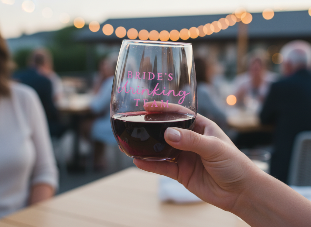 "Bride's Drinking Team" Stemless Wine Glass - Bachelorette Party Drinkware - Bridal Shower Wine Glass