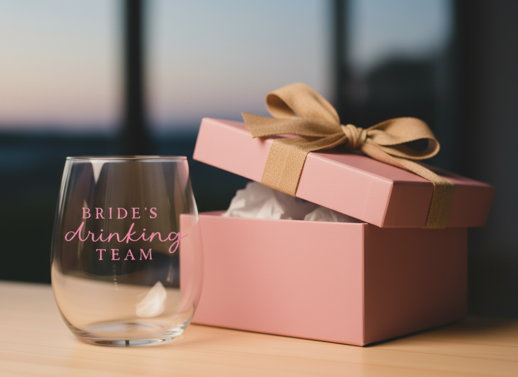 "Bride's Drinking Team" Stemless Wine Glass - Bachelorette Party Drinkware - Bridal Shower Wine Glass