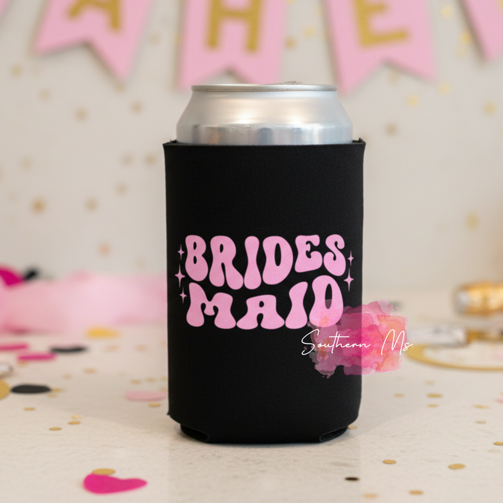"Bridesmaid" Retro Can Cooler – Groovy Wedding Party Coozie