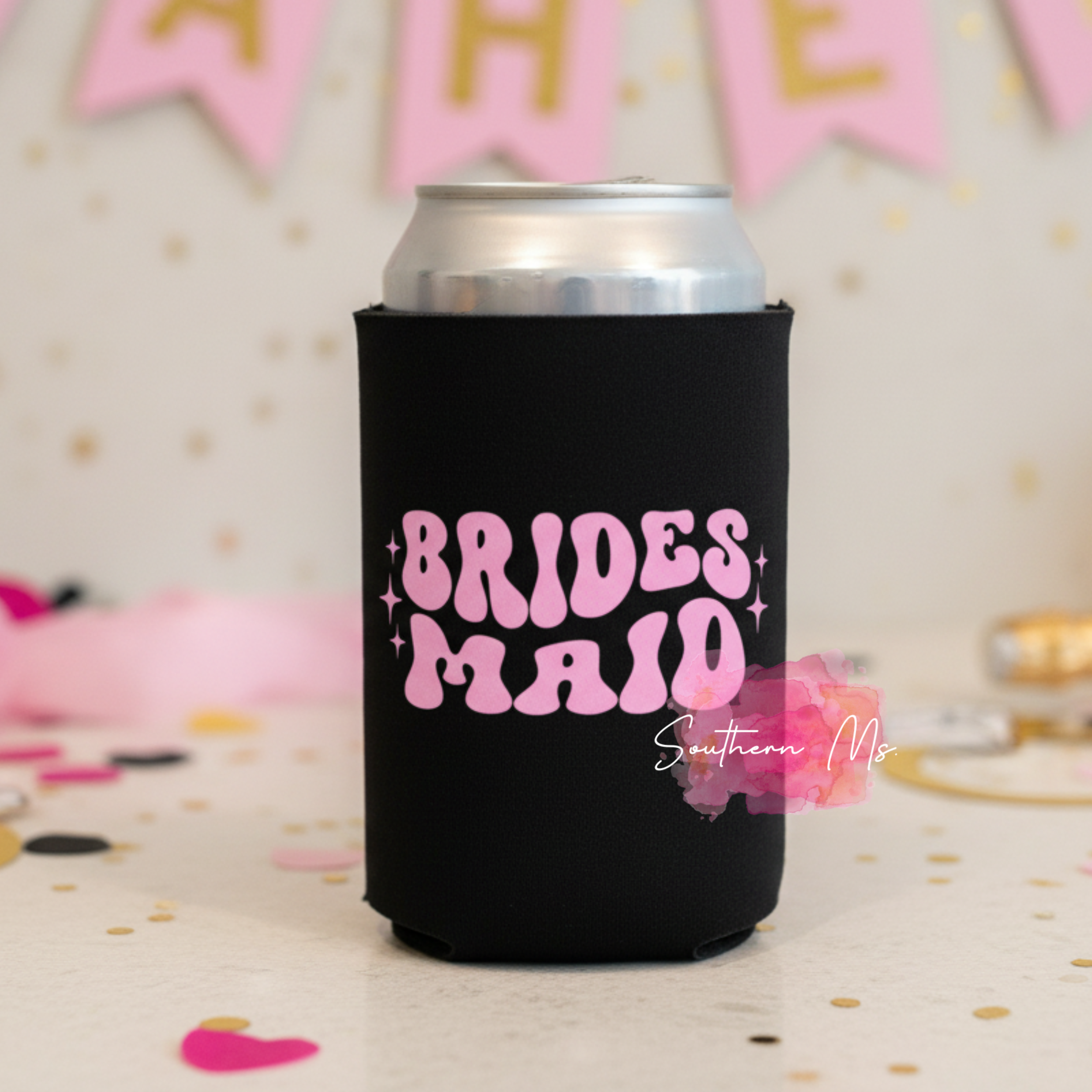 "Bridesmaid" Retro Can Cooler – Groovy Wedding Party Coozie