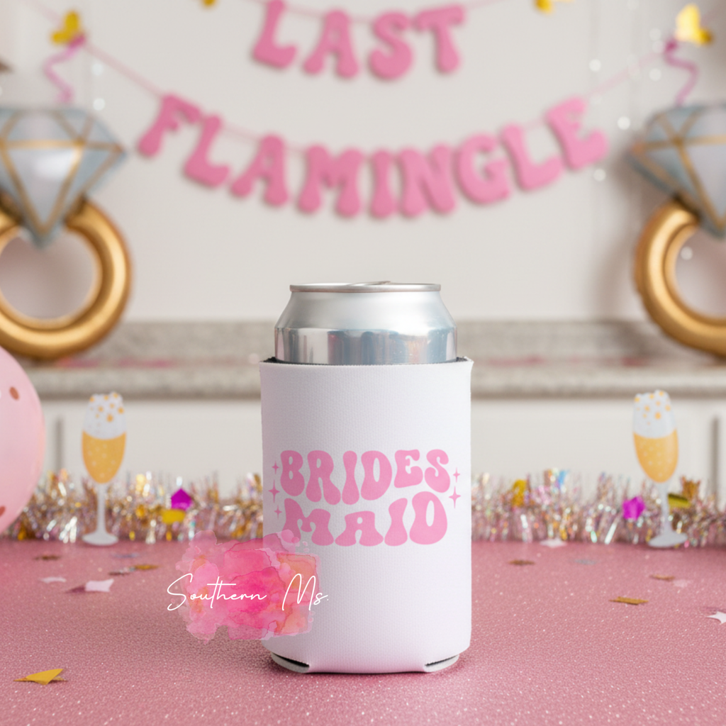 "Bridesmaid" Retro Can Cooler – Groovy Wedding Party Coozie