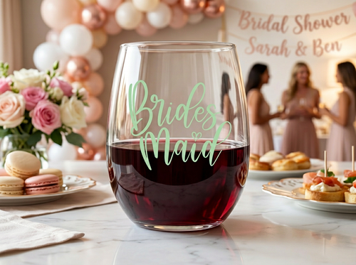 "Bridesmaid" Stemless Wine Glass – Mint Green Wedding Party Gift