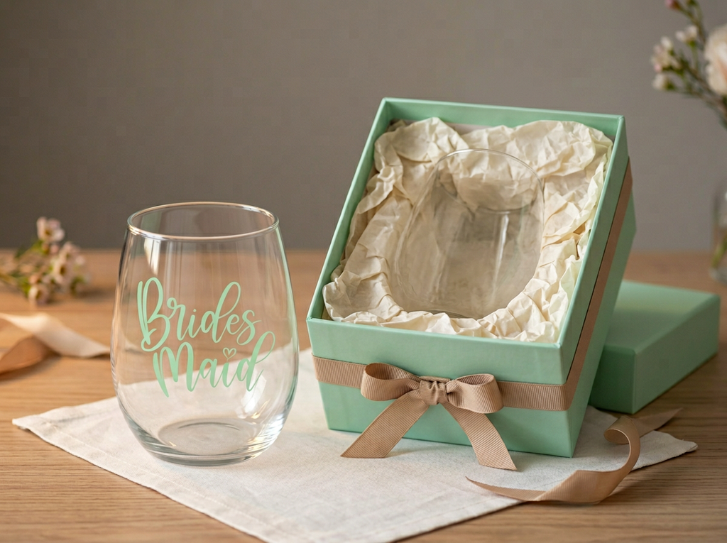 "Bridesmaid" Stemless Wine Glass – Mint Green Wedding Party Gift
