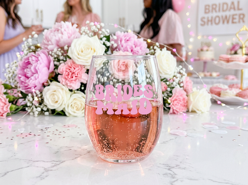 "Bridesmaid" Retro Stemless Wine Glass – Pink Groovy Wedding Party Gift