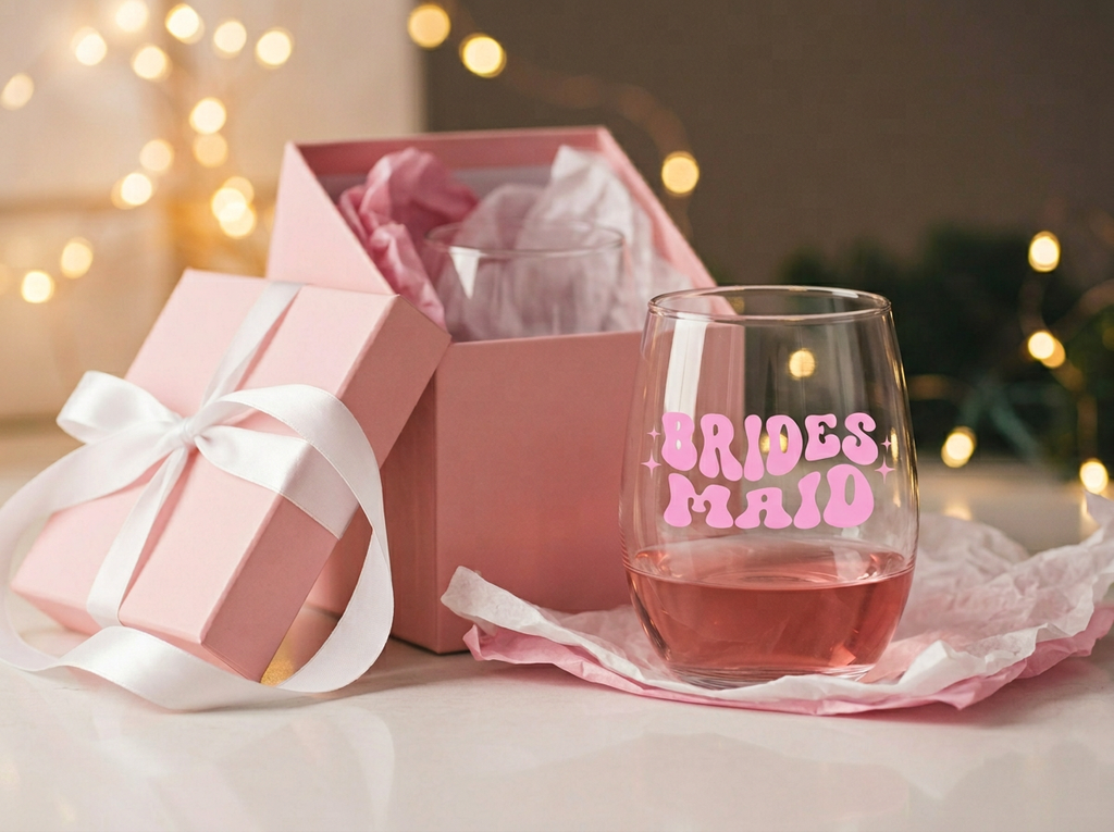 "Bridesmaid" Retro Stemless Wine Glass – Pink Groovy Wedding Party Gift