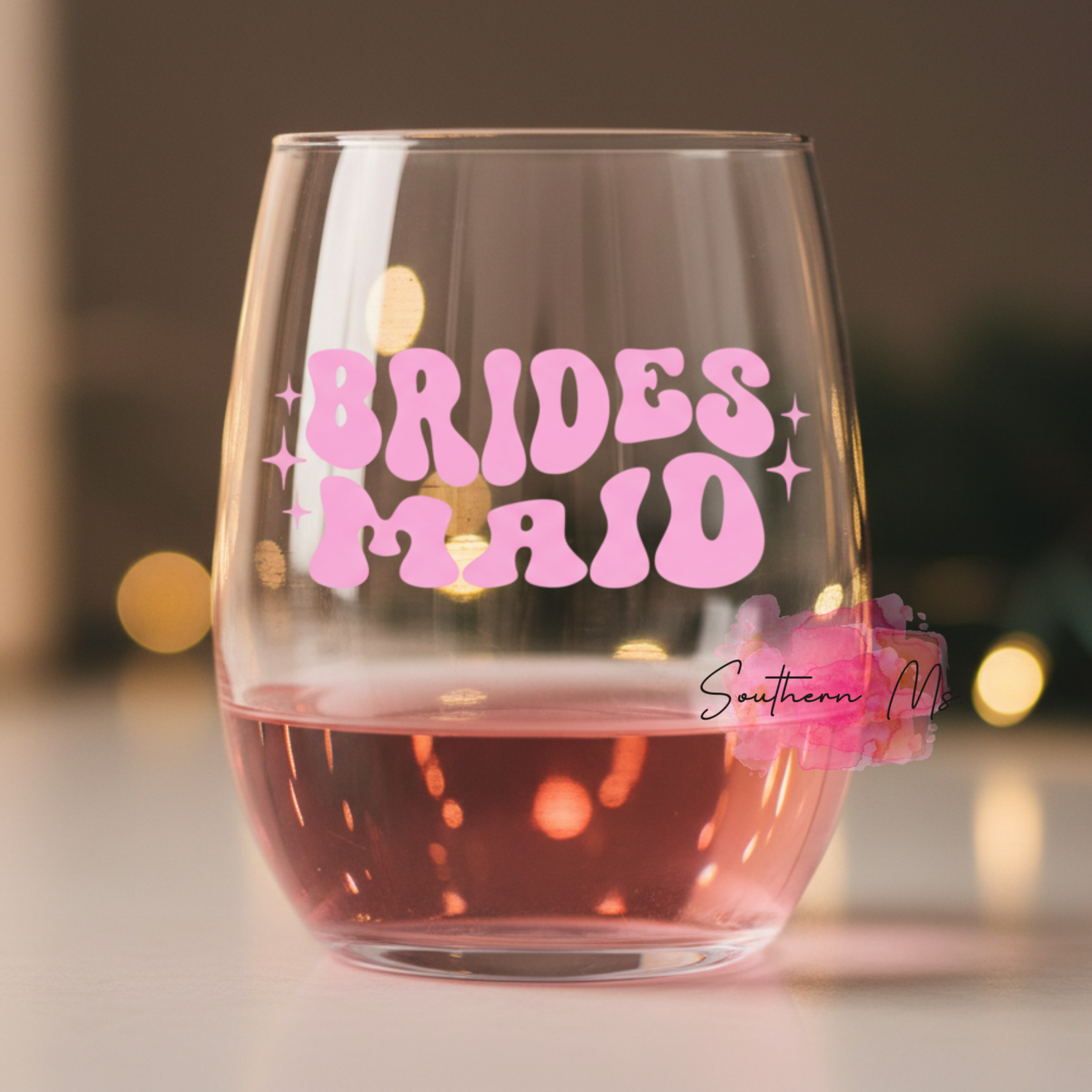 "Bridesmaid" Retro Stemless Wine Glass – Pink Groovy Wedding Party Gift