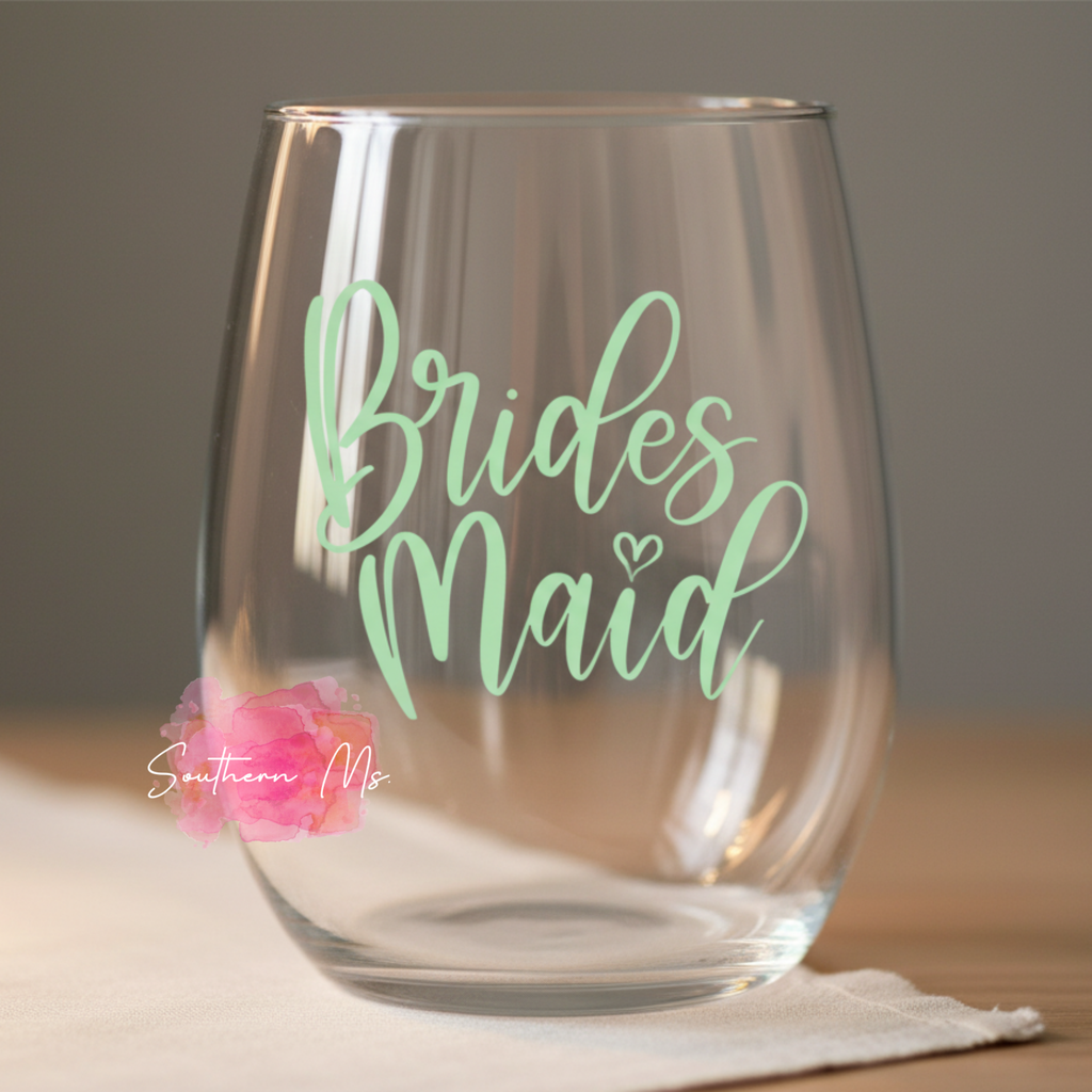 "Bridesmaid" Stemless Wine Glass – Mint Green Wedding Party Gift