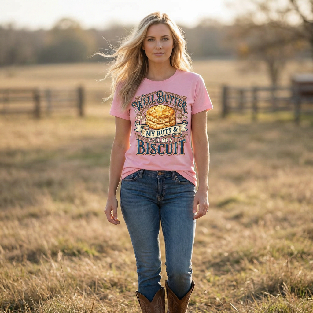 "Well Butter My Butt & Call Me A Biscuit" Funny Southern Saying T-Shirt | Vintage Graphic Biscuit Tee | Sassy Southern Humor Shirt | Southern Ms Crafty Creations