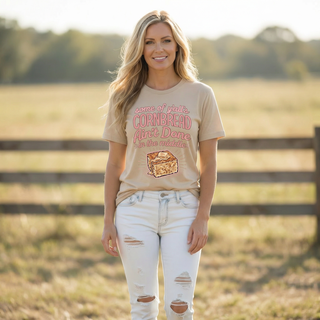 "Some of Y'all's Cornbread Ain't Done In The Middle" Funny Southern T-Shirt | Sassy Country Humor Graphic Tee | Sarcastic Southern Proverb Shirt | Southern Ms Crafty Creations