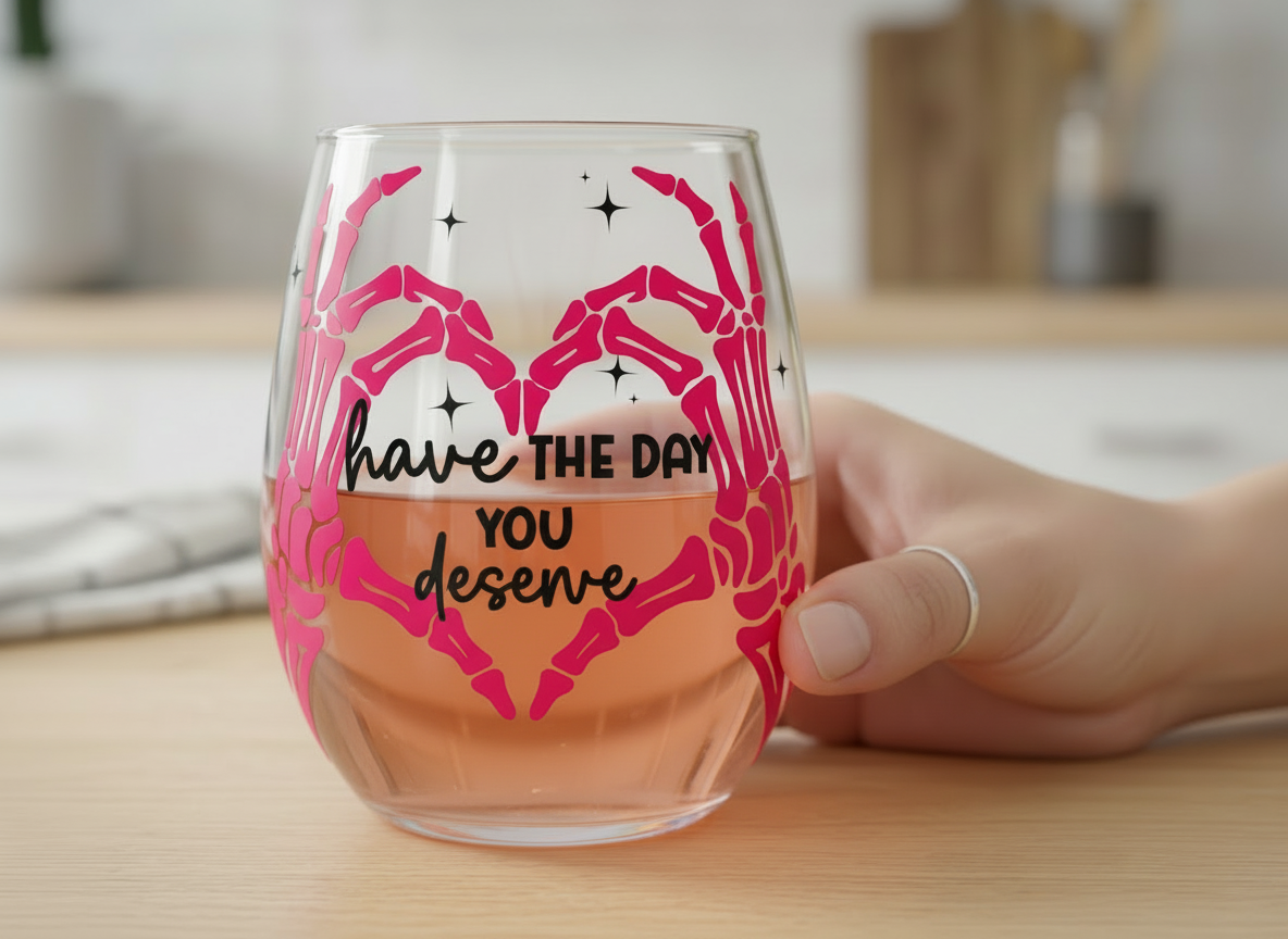 "Have The Day You Deserve" Skeleton Heart Stemless Wine Glass