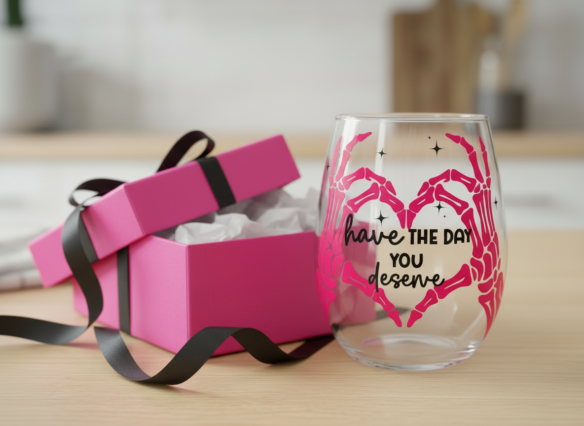 "Have The Day You Deserve" Skeleton Heart Stemless Wine Glass