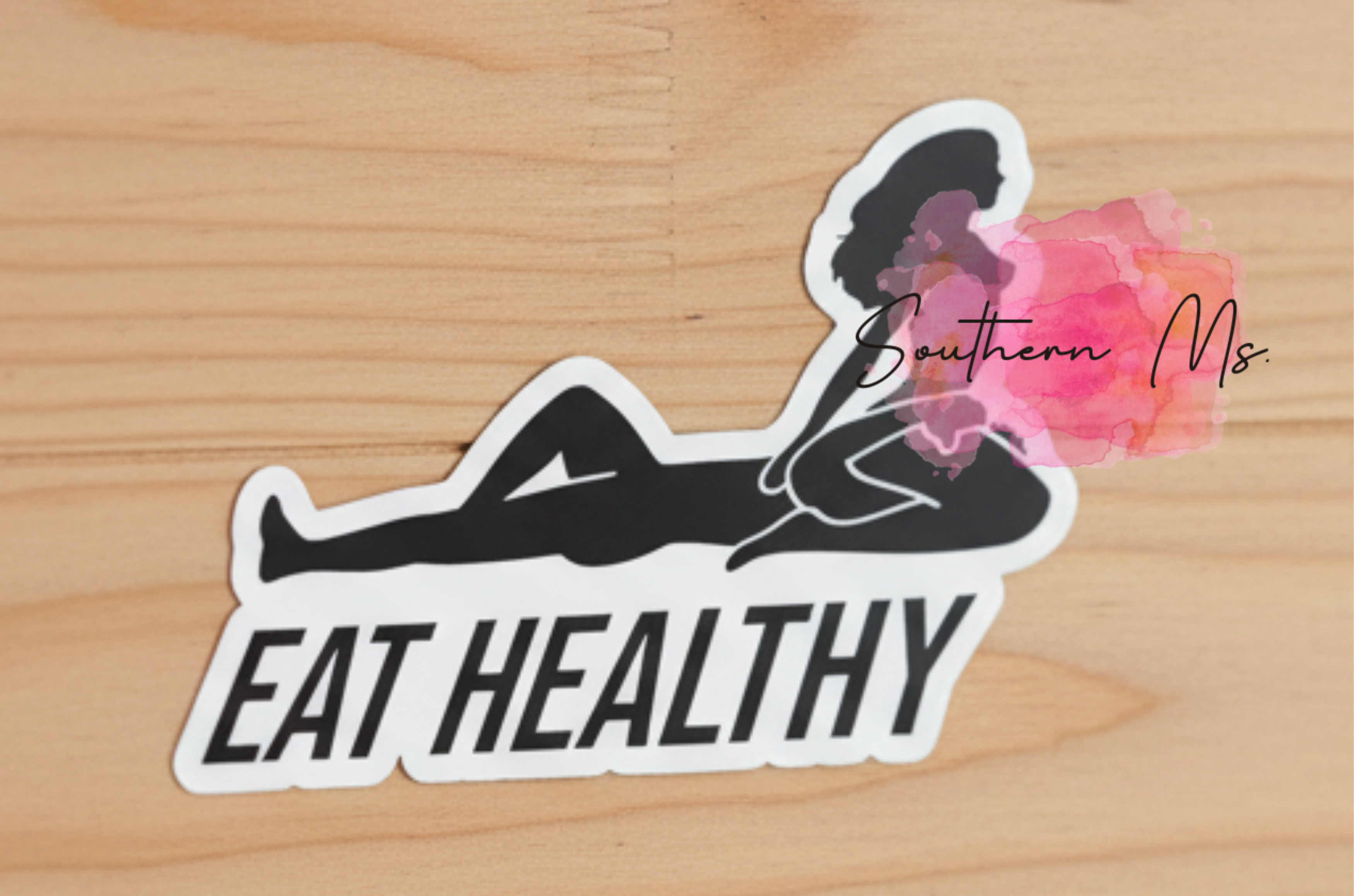 Eat Healthy UV Sticker | Pin-Up Silhouette Vinyl Decal | Funny Adult Humor Sticker for Cars, Coolers & Laptops