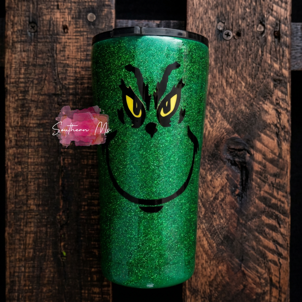 Grinch Face Green Glitter Tumbler | Christmas Grinch Cup | Holiday Gift for Grinch Lovers