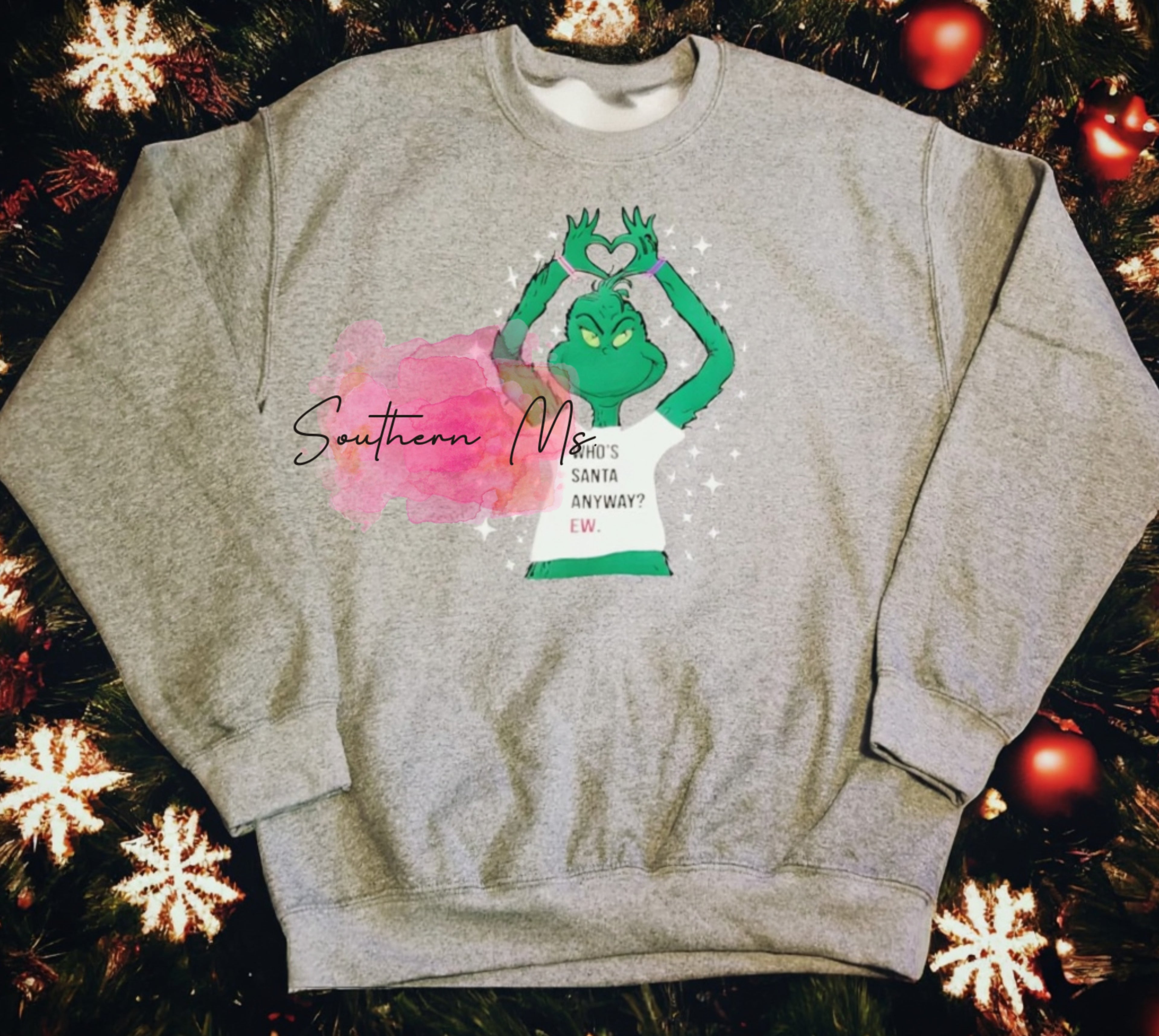 "Who's Santa Anyway? EW." Grinch Heart Hands Hoodie