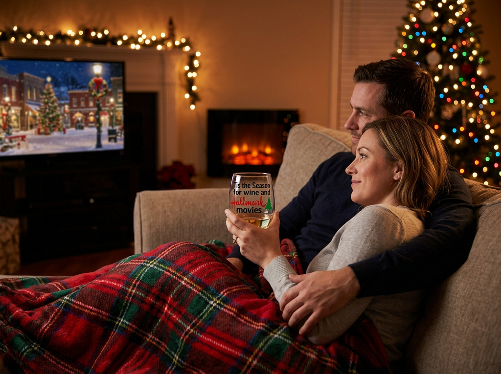 "'Tis the Season for Wine and Hallmark Movies" Stemless Wine Glass - Holiday Movie Marathon – Christmas Movie Lover