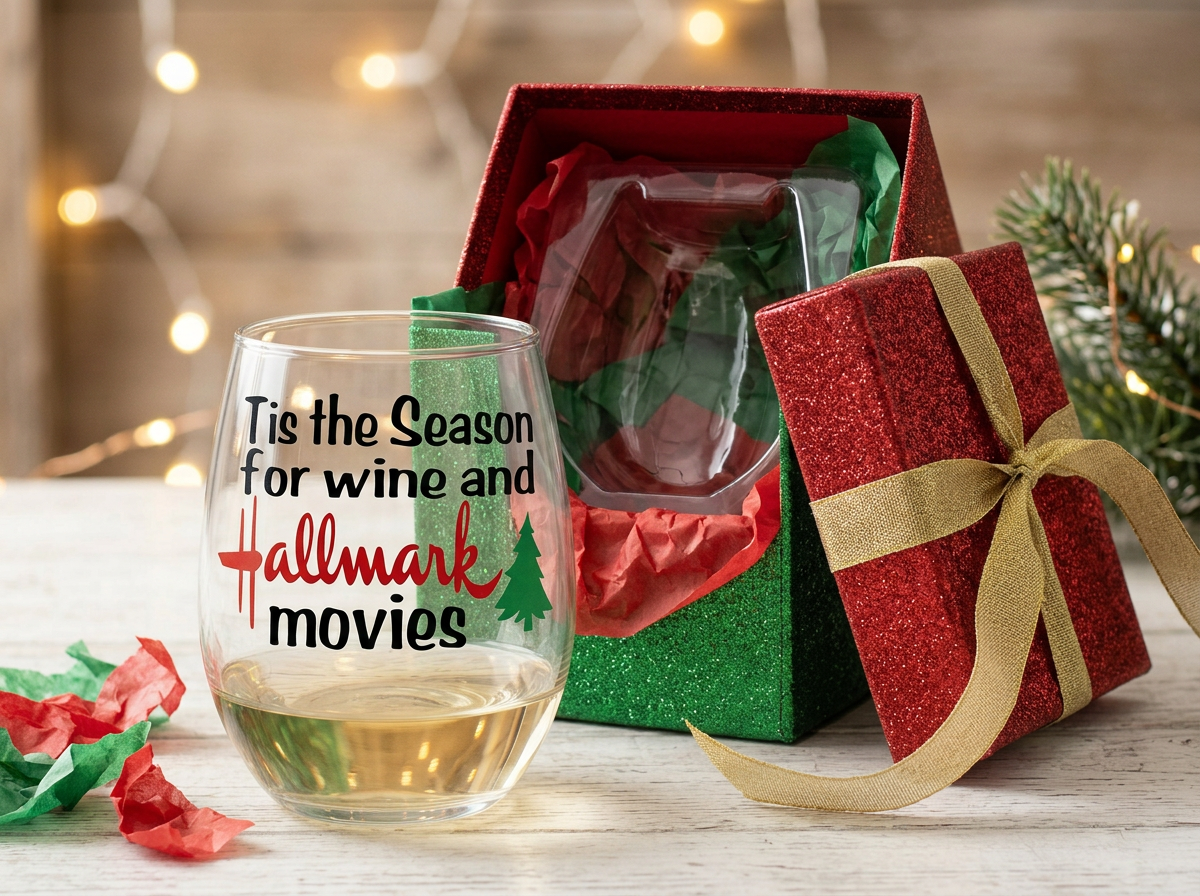 "'Tis the Season for Wine and Hallmark Movies" Stemless Wine Glass - Holiday Movie Marathon – Christmas Movie Lover