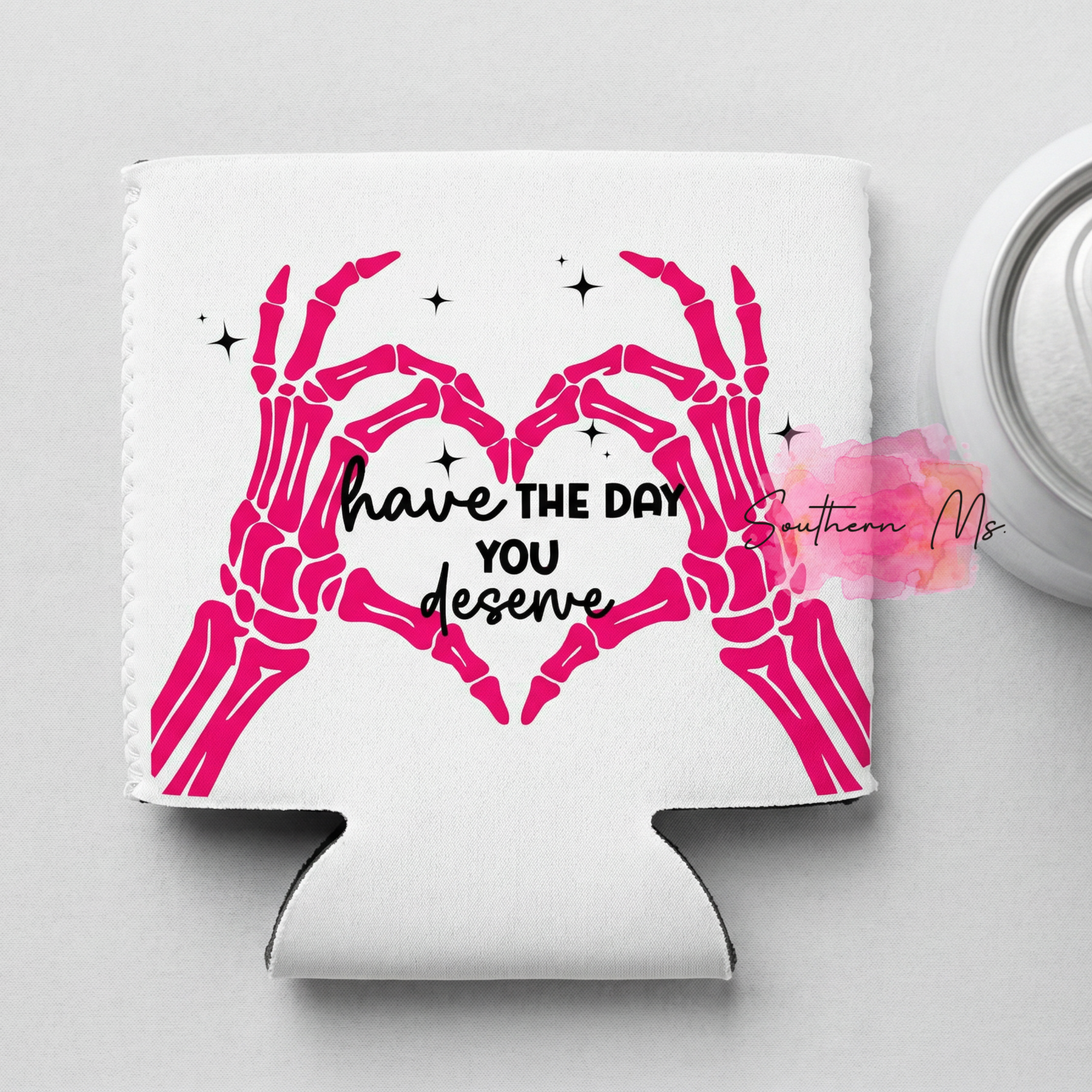"Have The Day You Deserve" Skeleton Heart Can Cooler – Pink & Black Gothic Coozie