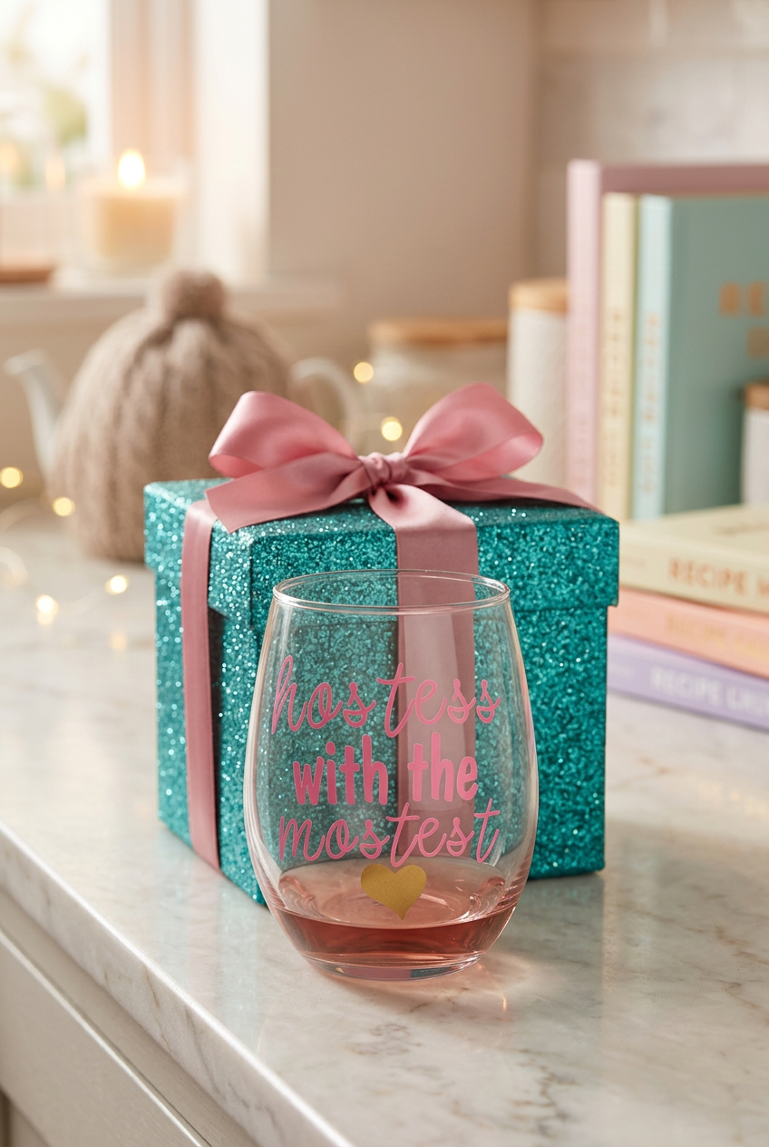 Hostess With the Mostest Stemless Wine Glass | Funny Hostess Gift | Entertaining Wine Glass