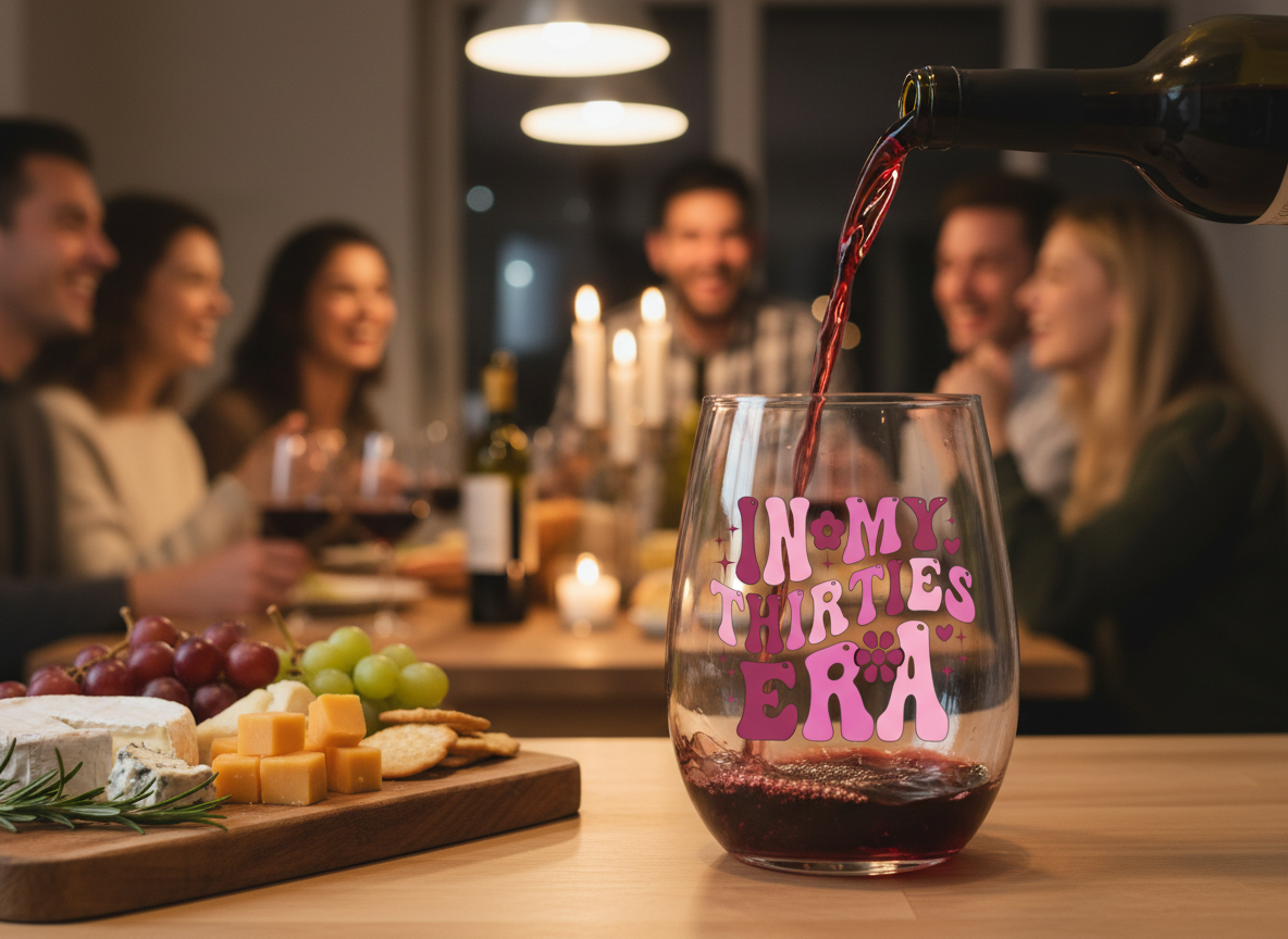 "In My Thirties Era" Retro Stemless Wine Glass – Groovy 30th Birthday Gift