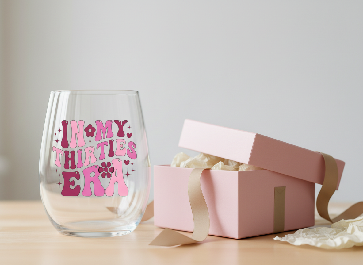 "In My Thirties Era" Retro Stemless Wine Glass – Groovy 30th Birthday Gift
