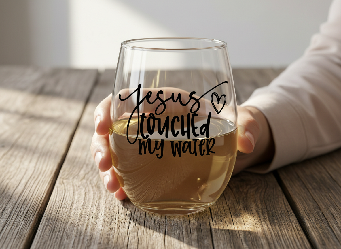 "Jesus Touched My Water" Stemless Wine Glass