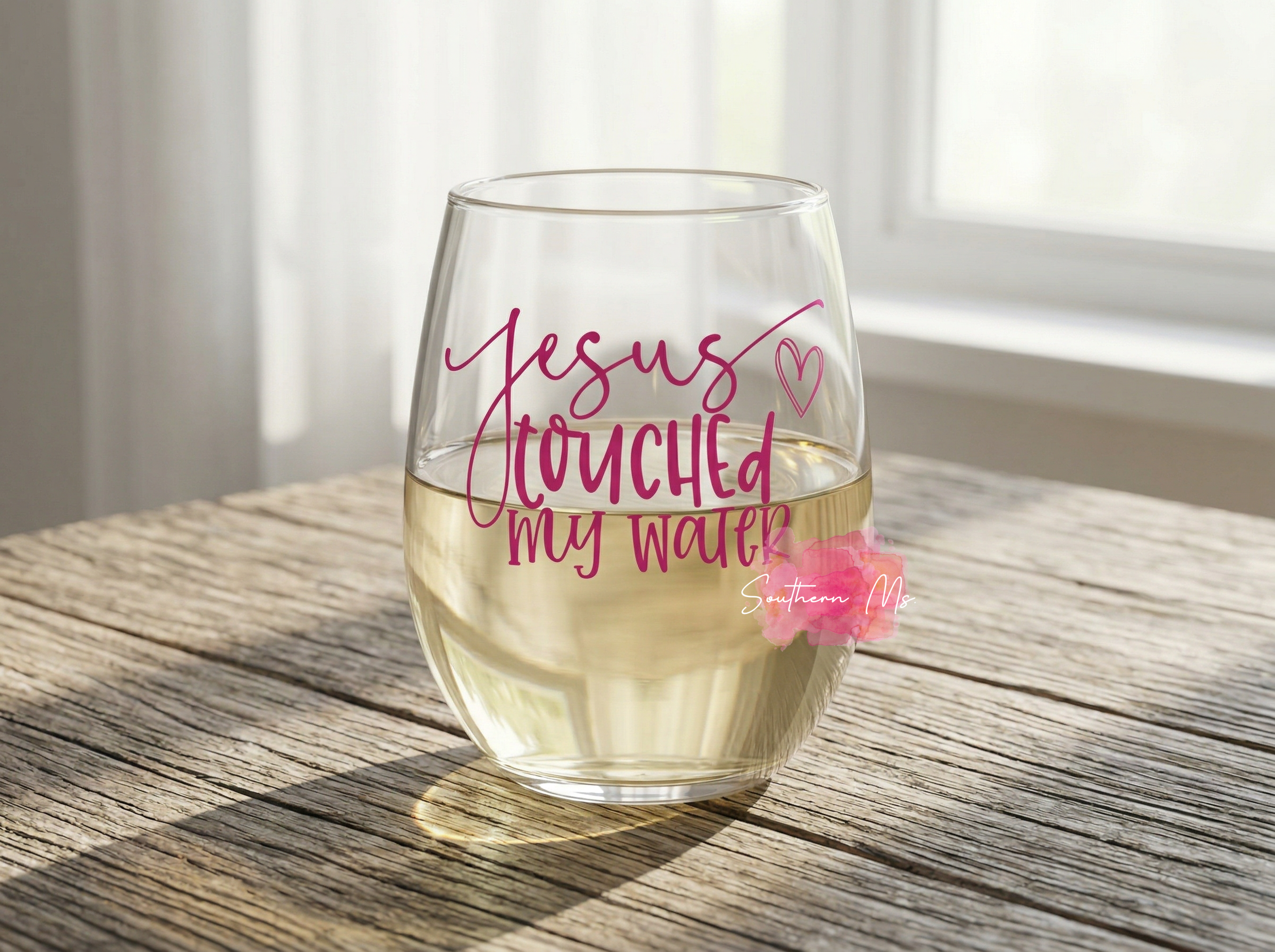 "Jesus Touched My Water" Stemless Wine Glass