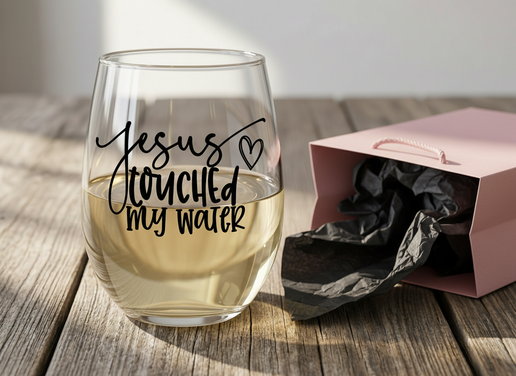 "Jesus Touched My Water" Stemless Wine Glass