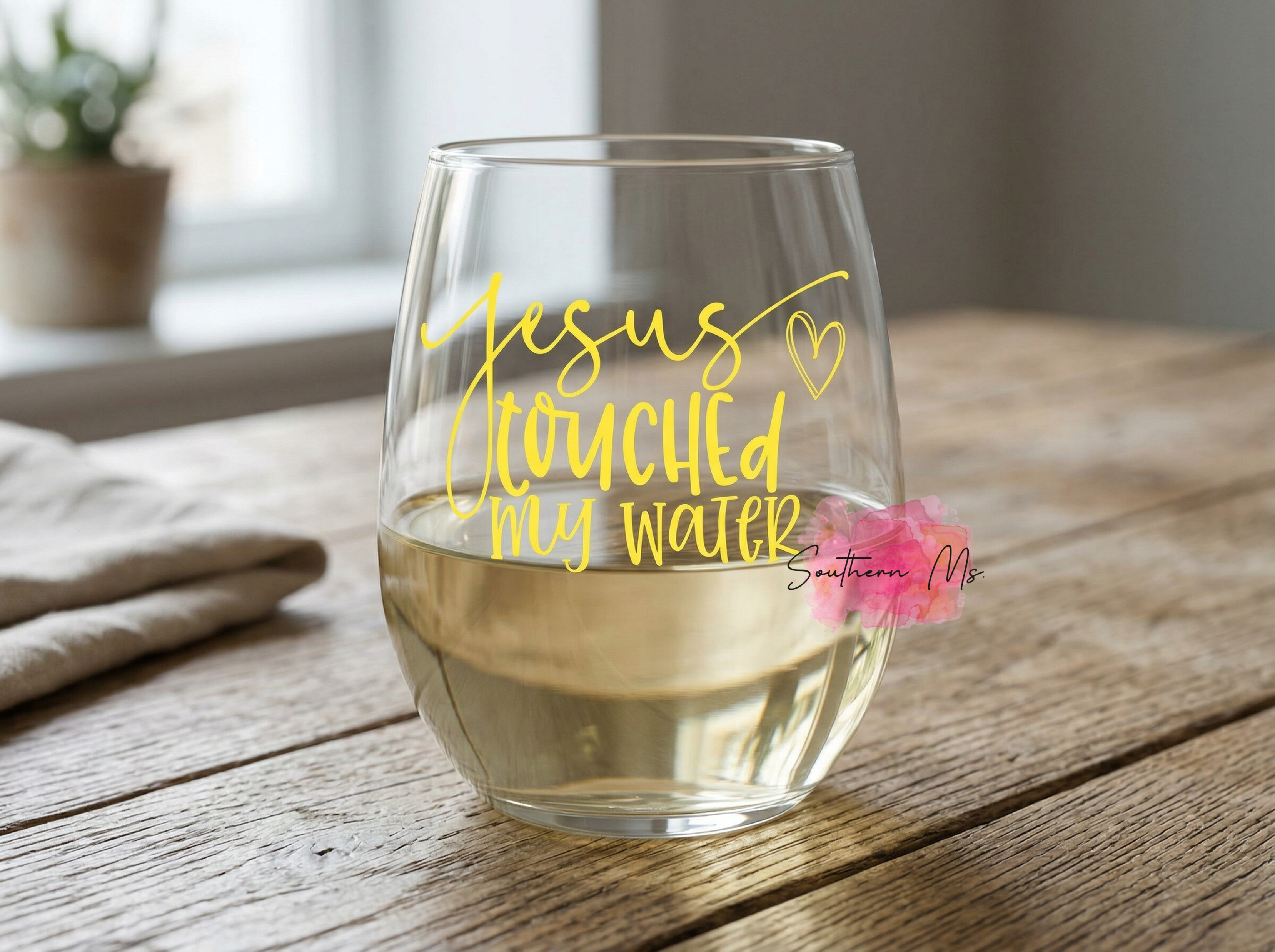 "Jesus Touched My Water" Stemless Wine Glass