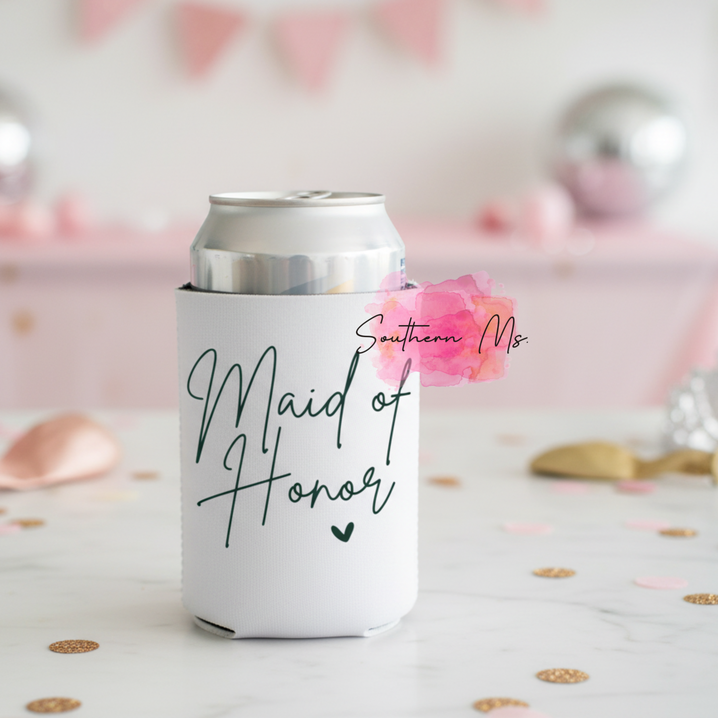 "Maid of Honor" Heart Script Can Cooler – Bachelorette Party Coozie