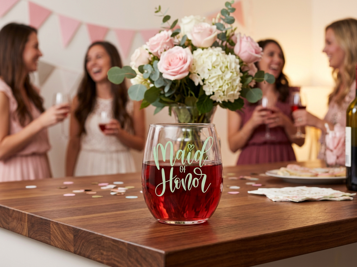 "Maid of Honor" Stemless Wine Glass – Mint Green Wedding Party Gift