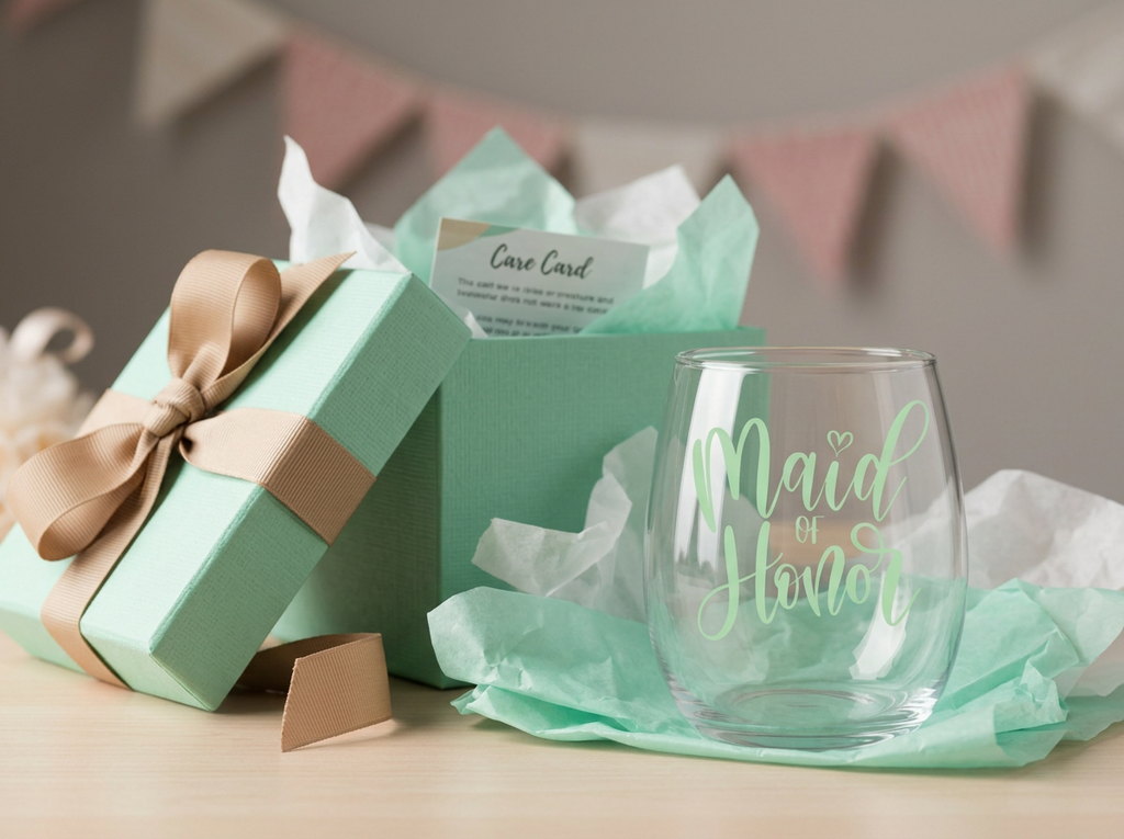 "Maid of Honor" Stemless Wine Glass – Mint Green Wedding Party Gift