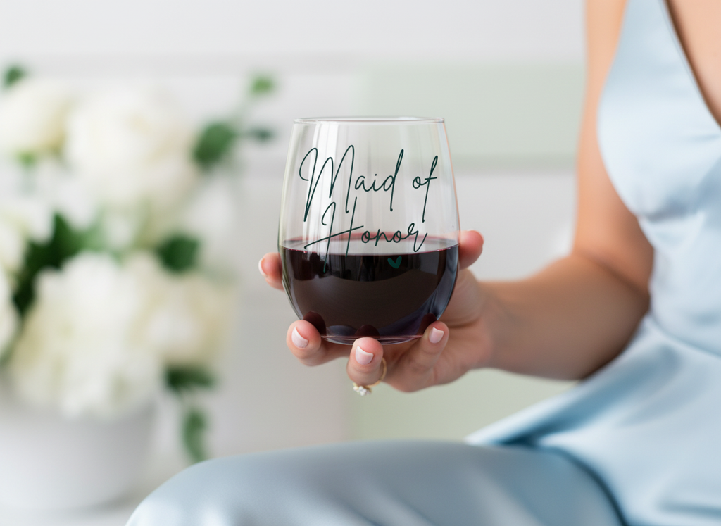 "Maid of Honor" Stemless Wine Glass – Mint Green Wedding Party Gift