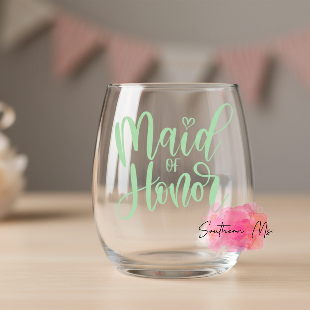 "Maid of Honor" Stemless Wine Glass – Mint Green Wedding Party Gift