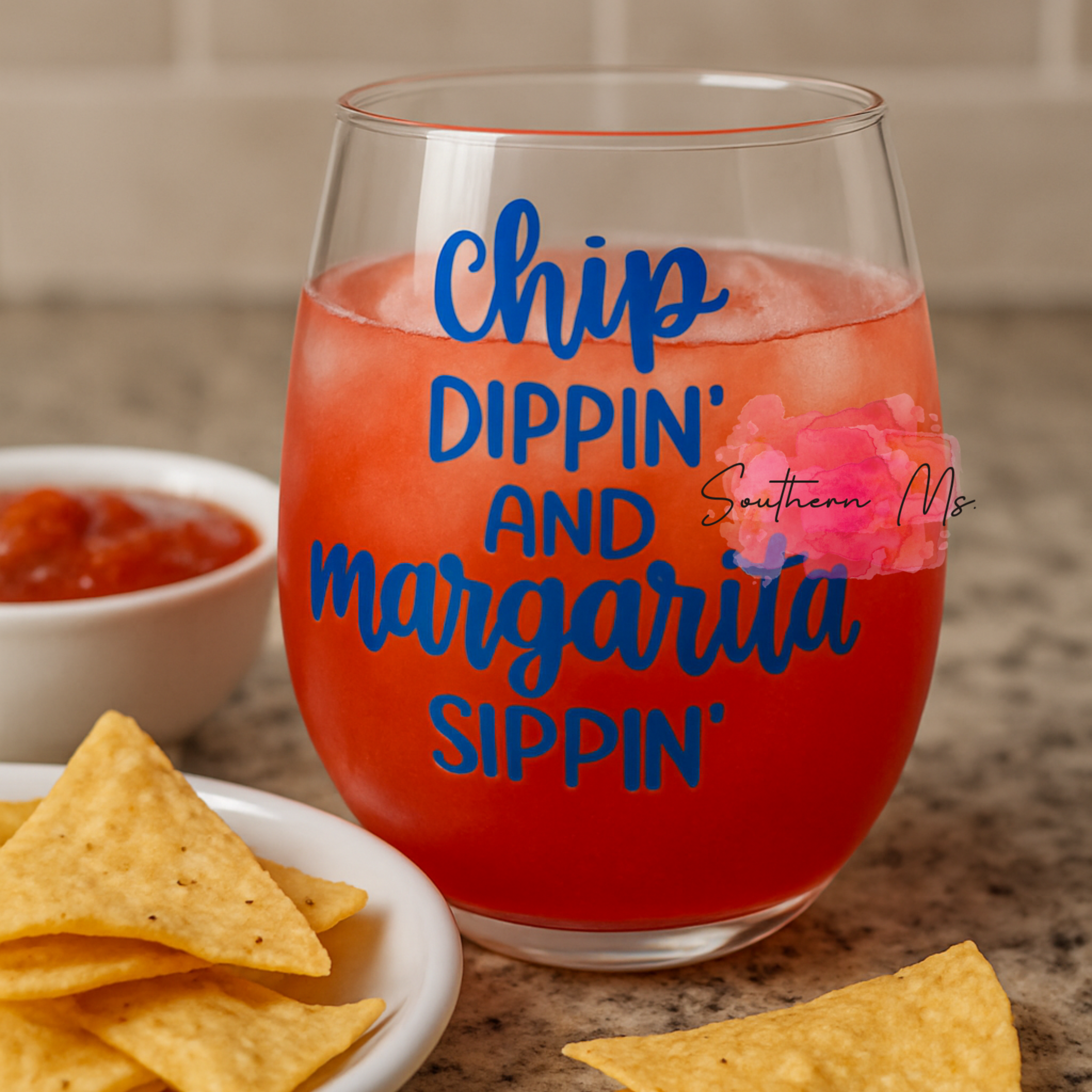 Chip Dippin’ Margarita Sippin’ Glass – Stemless Party Wine Glass