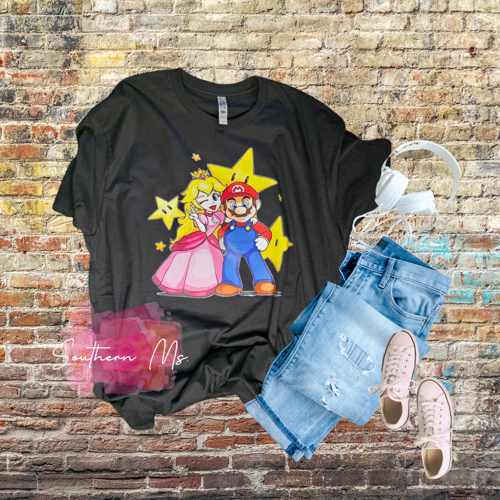 Mario & Princess Peach Hand-Drawn Style Tee | Retro Gamer Couple Graphic Tee | Cute Nintendo Inspired Summer Apparel
