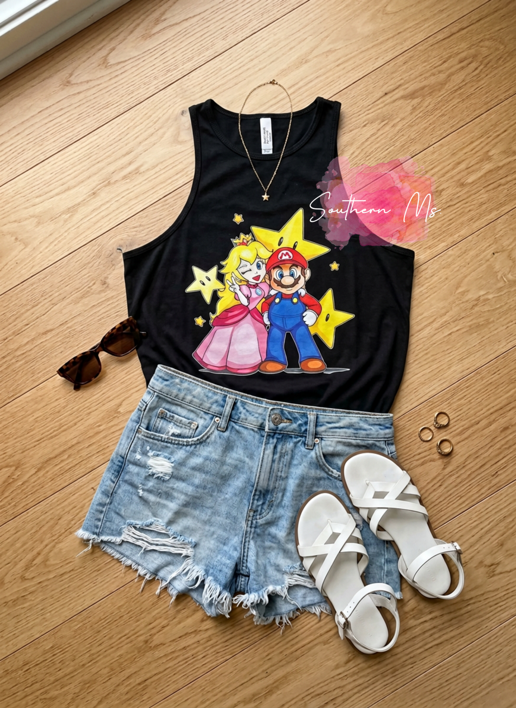 Mario & Princess Peach Hand-Drawn Style Tee | Retro Gamer Couple Graphic Tee | Cute Nintendo Inspired Summer Apparel