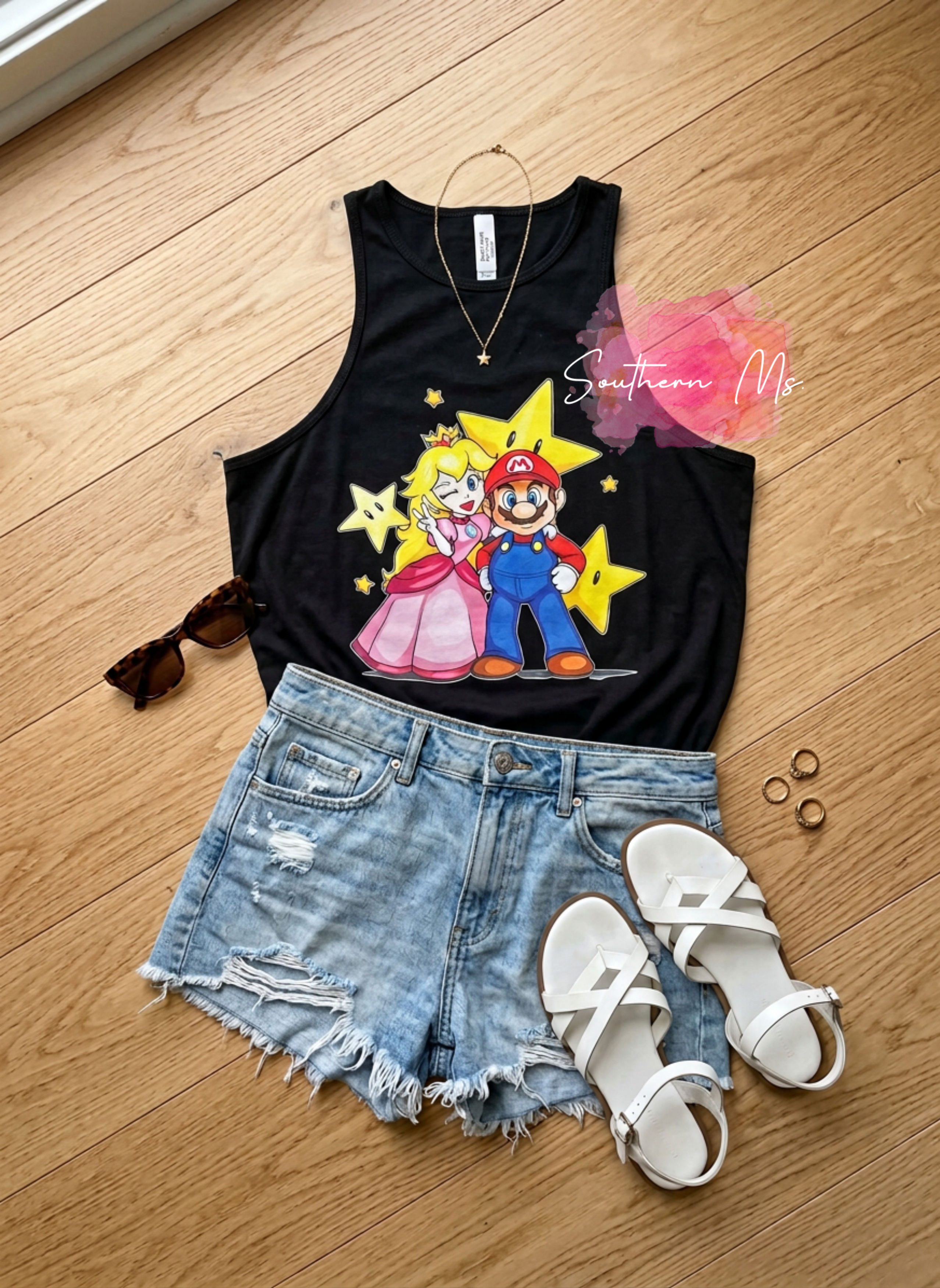 Mario & Princess Peach Hand-Drawn Style Tee | Retro Gamer Couple Graphic Tee | Cute Nintendo Inspired Summer Apparel