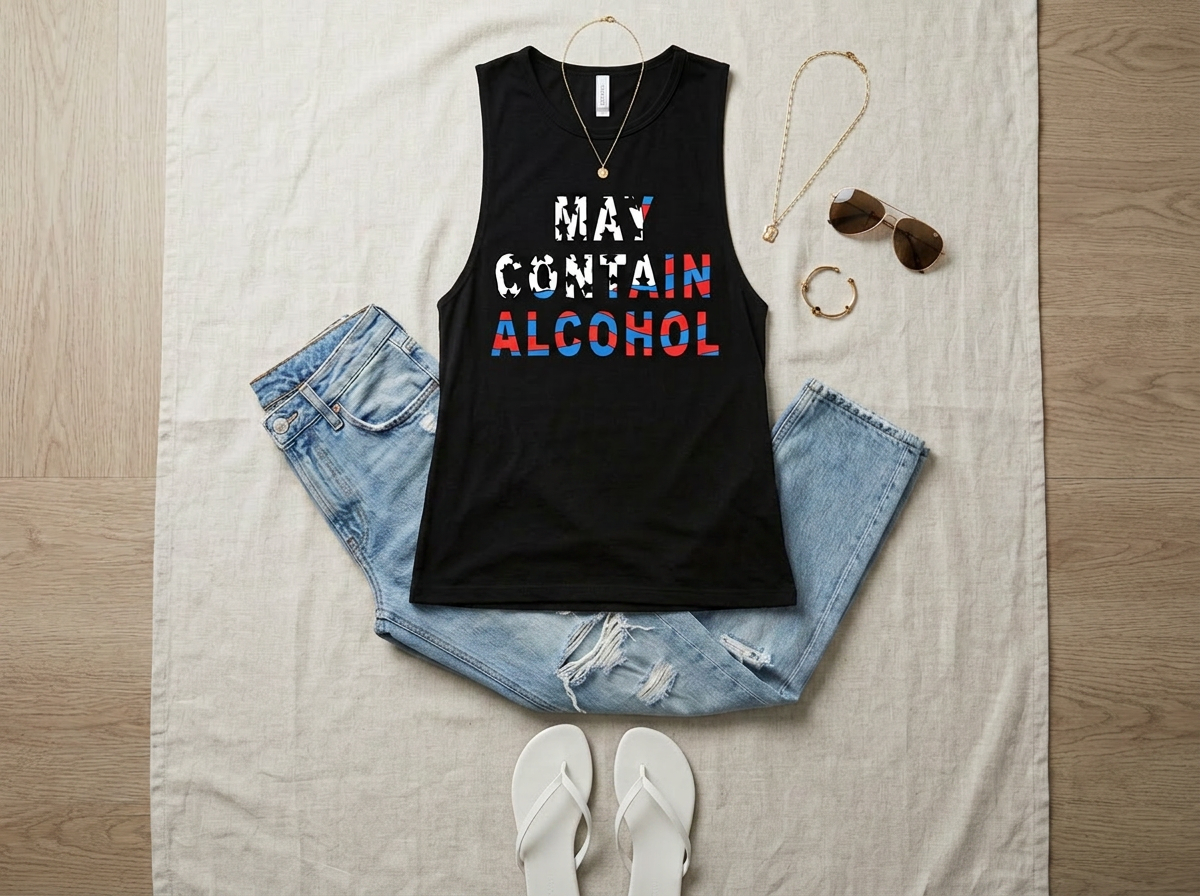 May Contain Alcohol Patriotic Tank Top | Funny Fourth of July Muscle Tank | Red White & Blue Drinking Shirt
