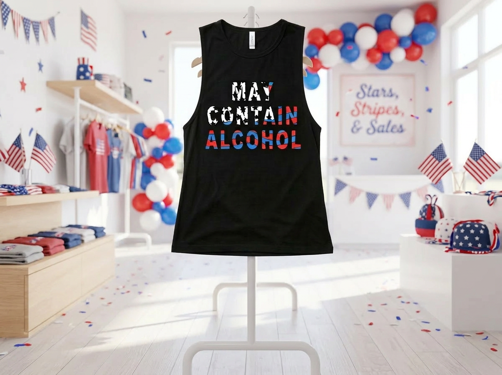 May Contain Alcohol Patriotic Tank Top | Funny Fourth of July Muscle Tank | Red White & Blue Drinking Shirt