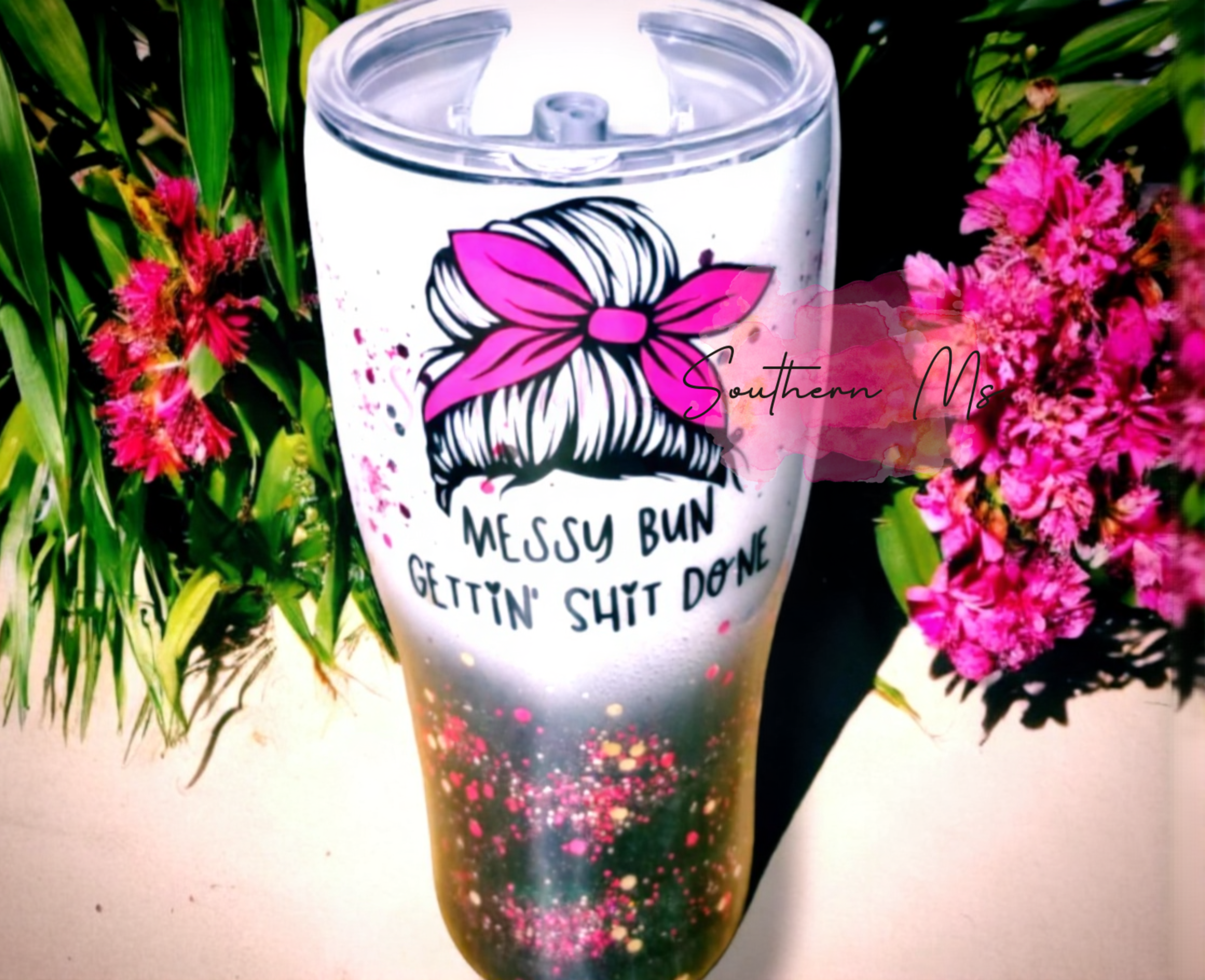 Messy Bun Gettin’ Sht Done Tumbler | Pink Glitter Girl Mom Cup | Funny Coffee Tumbler