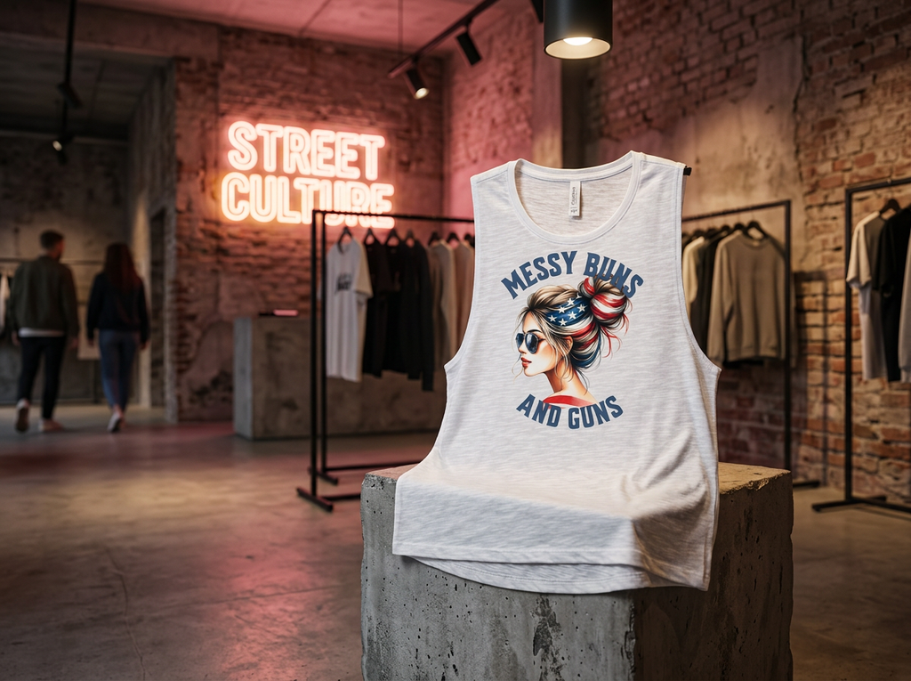 Messy Buns and Guns Patriotic Women's Tank Top | Americana Graphic Muscle Tank | Freedom & Firearms Summer Shirt