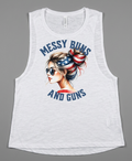 Messy Buns and Guns Patriotic Women's Tank Top | Americana Graphic Muscle Tank | Freedom & Firearms Summer Shirt