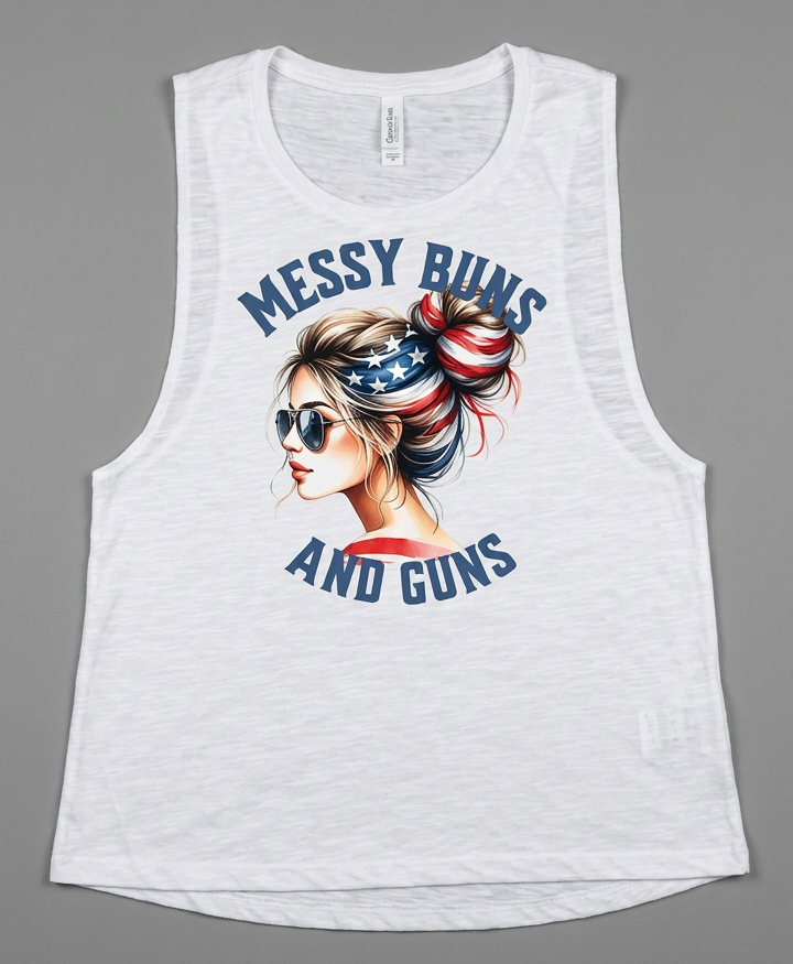Messy Buns and Guns Patriotic Women's Tank Top | Americana Graphic Muscle Tank | Freedom & Firearms Summer Shirt