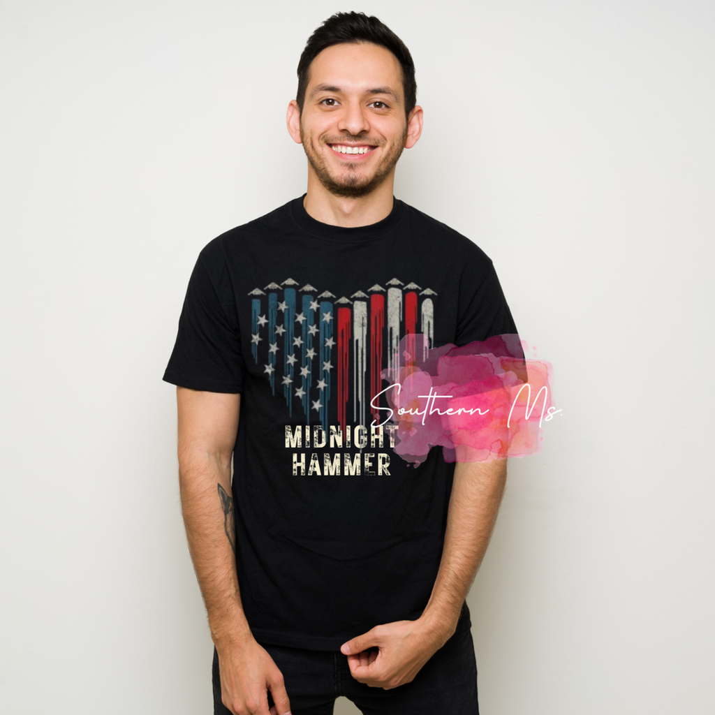 "MIDNIGHT HAMMER" Distressed American Flag Patriotic T-Shirt