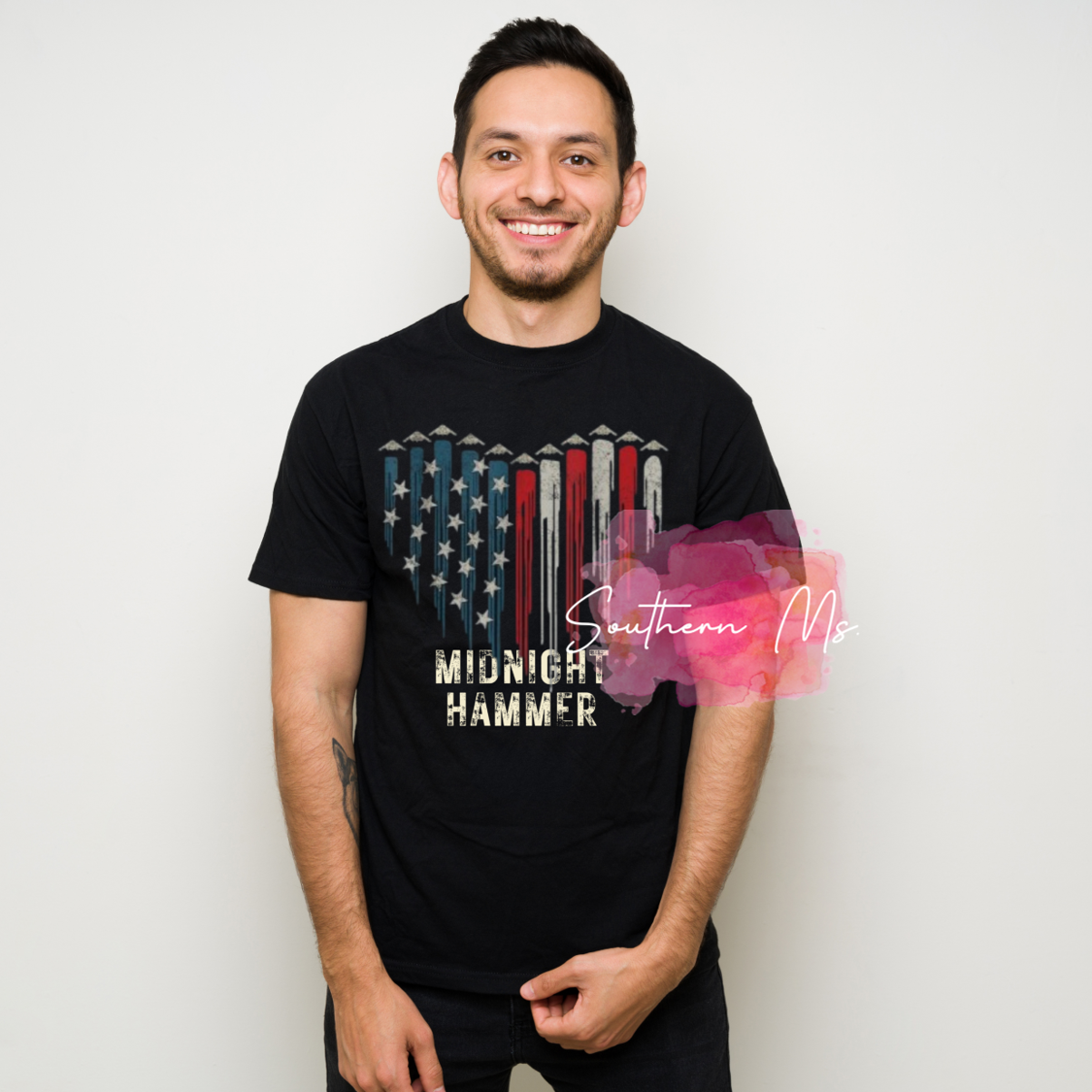 "MIDNIGHT HAMMER" Distressed American Flag Patriotic T-Shirt
